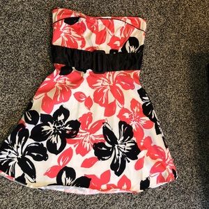 Coral Pink Black Dress Tropical Floral Print Small